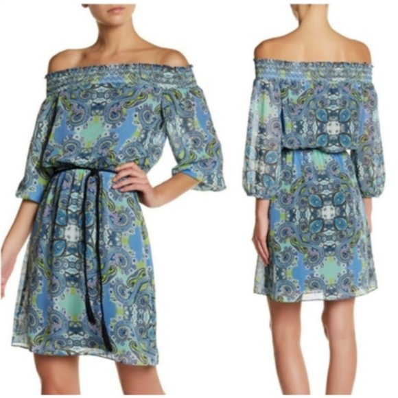 NWT Eliza J Smocked Off Shoulder Paisley Print Dress w/ Rope Belt Sz. 6